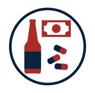 Beer bottle, cash, pills icon