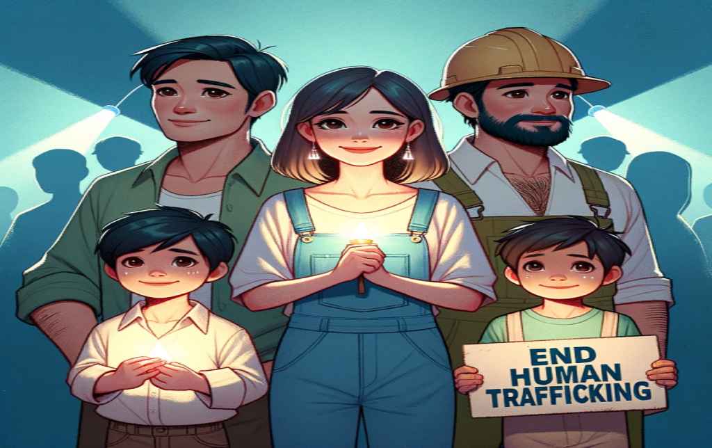 Three AI adults and two children standing together, one child holding a sign ‘End Human Trafficking’