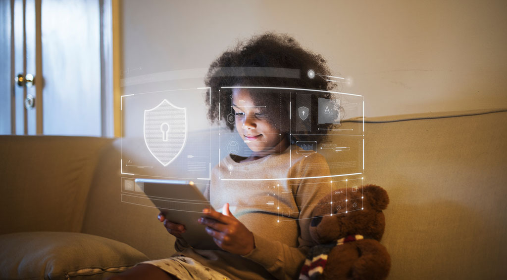 Young child using a tablet with lock symbol in front of image